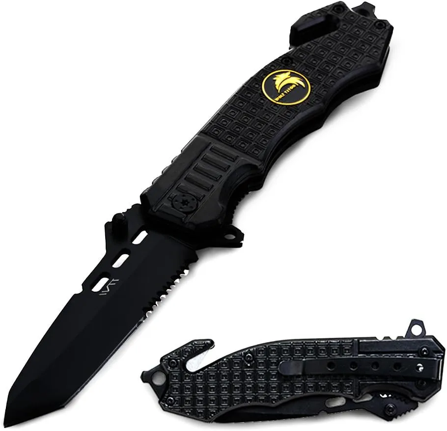 BGT Folding Pocket Knife 3.4 Inch Black Blade Aluminum Handle Survival Tool Knives Carry Velvet Bag, Sharpener (WTT NEW)