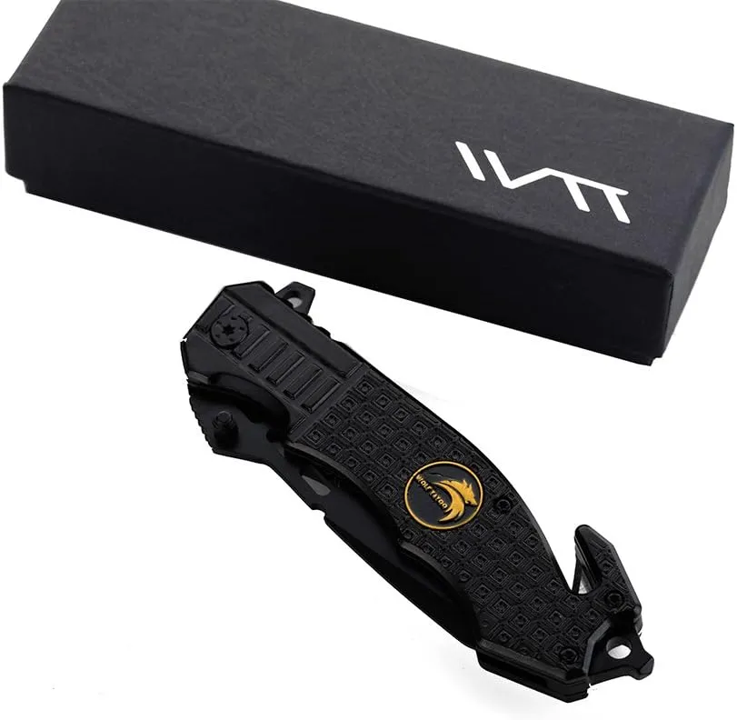 BGT Folding Pocket Knife 3.4 Inch Black Blade Aluminum Handle Survival Tool Knives Carry Velvet Bag, Sharpener (WTT NEW)