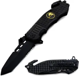 BGT Folding Pocket Knife 3.4 Inch Black Blade Aluminum Handle Survival Tool Knives Carry Velvet Bag, Sharpener (WTT NEW)