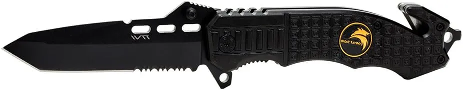 BGT Folding Pocket Knife 3.4 Inch Black Blade Aluminum Handle Survival Tool Knives Carry Velvet Bag, Sharpener (WTT NEW)