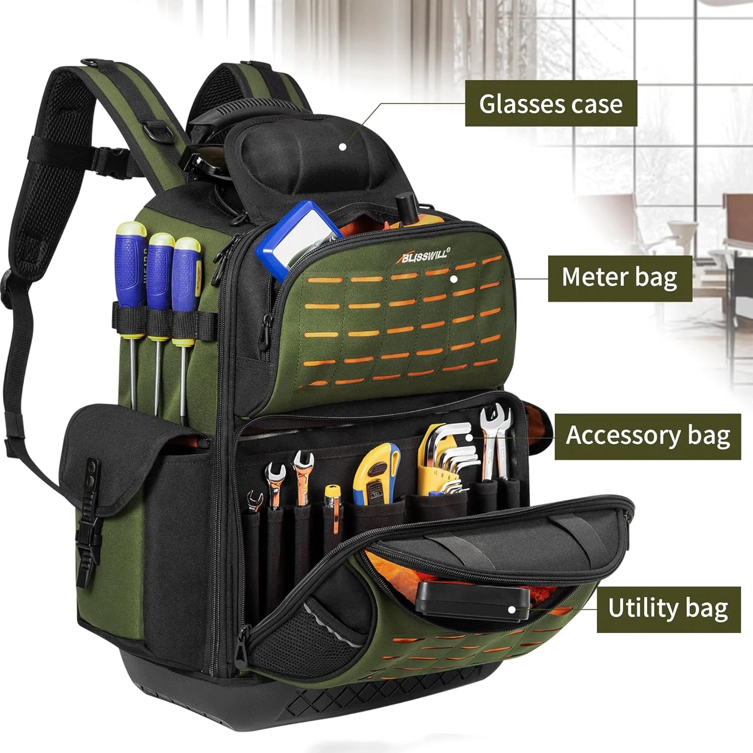 BLISSWILL Tool Bag Backpack for men,Heavy Duty Tool Backpack Bag with Waterproof Molded Base62 Pockets/40 Loops Heavy Duty Tools Organizer Bags/Electrician/Industrial/Construction Work Backpack