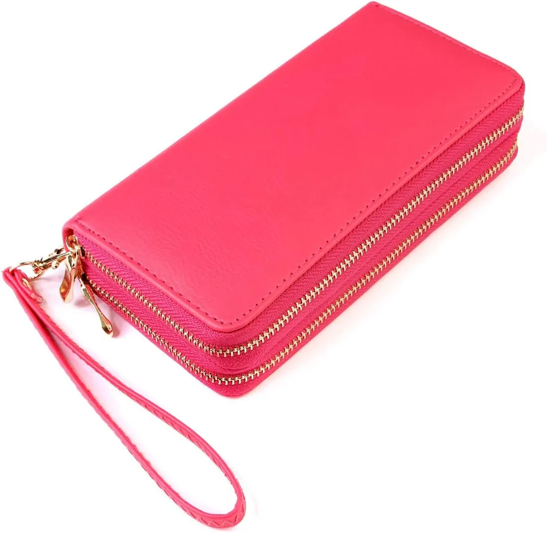 Classic Leatherette Zip Around Wallet - Vegan Leather Zipper Clutch Purse Coin Card Slots, Removable Wristlet (Double Zip Wristlet - Fuchsia)