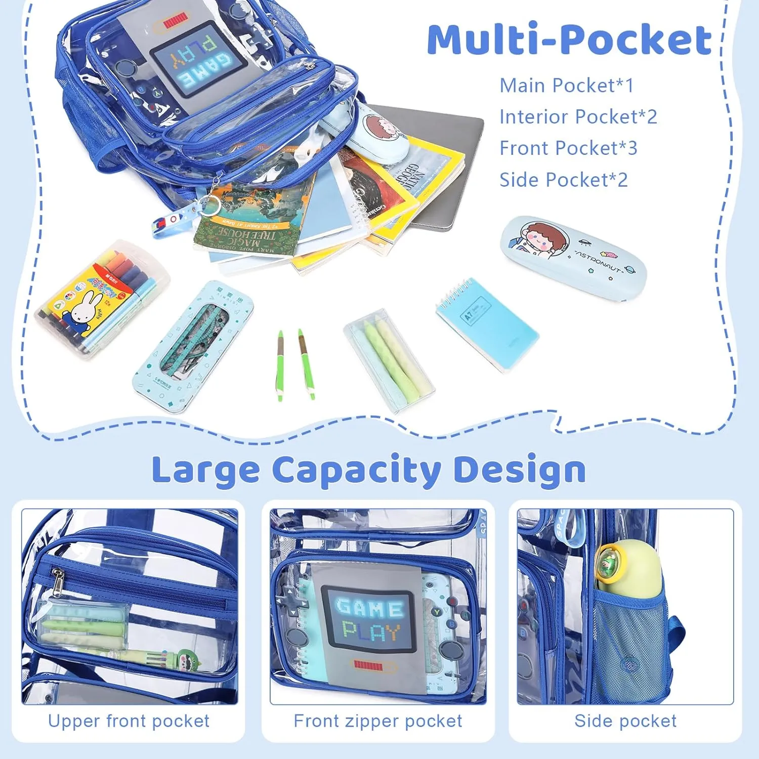 Clear Backpack for Boys Girls - 3 Pcs Clear Heavy Duty with Lunch Bag - See Through Backpack Stadium Approved