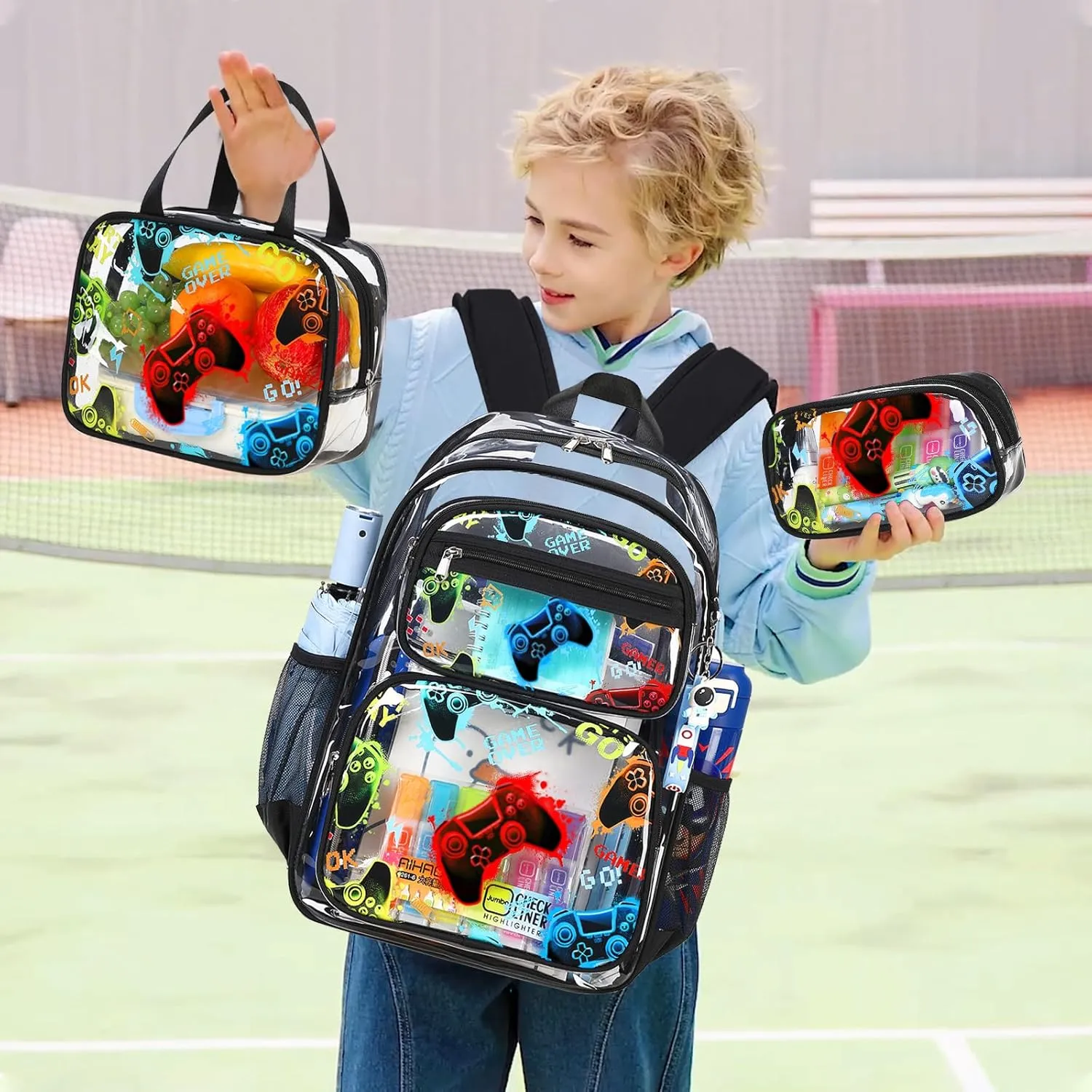Clear Backpack for Boys Girls - 3 Pcs Clear Heavy Duty with Lunch Bag - See Through Backpack Stadium Approved