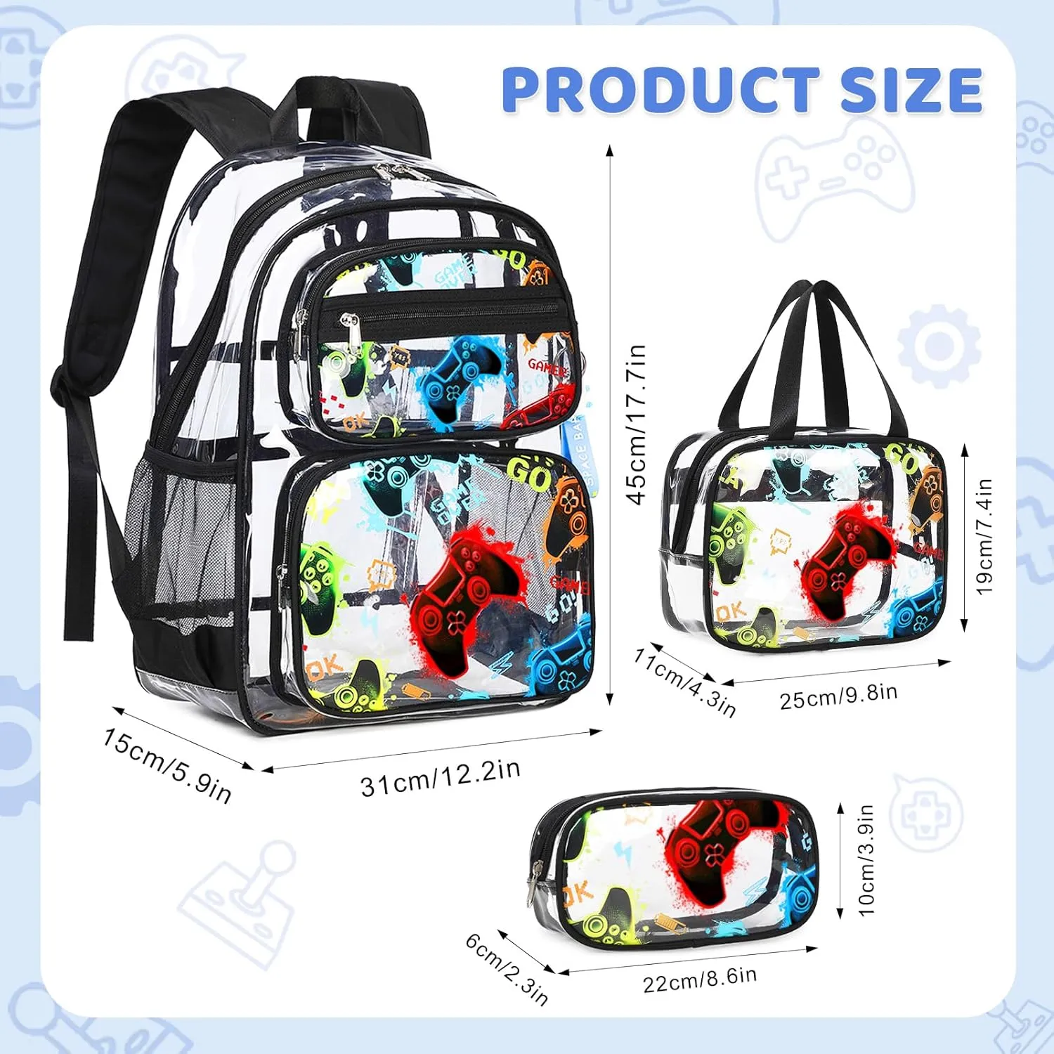 Clear Backpack for Boys Girls - 3 Pcs Clear Heavy Duty with Lunch Bag - See Through Backpack Stadium Approved