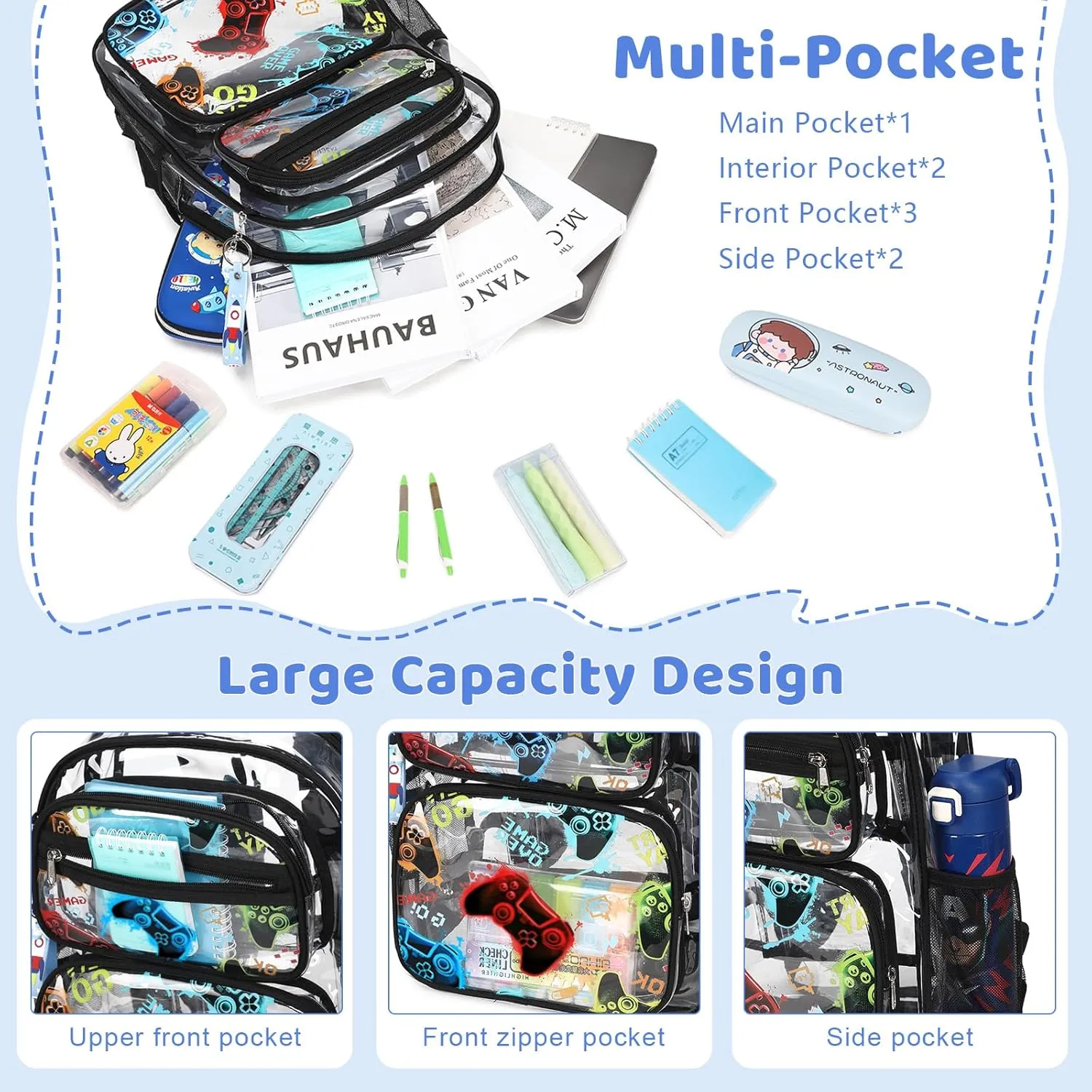 Clear Backpack for Boys Girls - 3 Pcs Clear Heavy Duty with Lunch Bag - See Through Backpack Stadium Approved