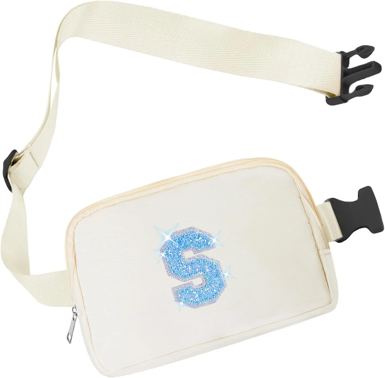 COSHAYSOO Ivory Belt Bag Waist Fanny Pack Small Crossbody Trending Pouch with Initial Letter Patch for Women Teenage Girl Travel Essential, Personalized Christmas Gift Preppy Cute Teen Stuff (S)