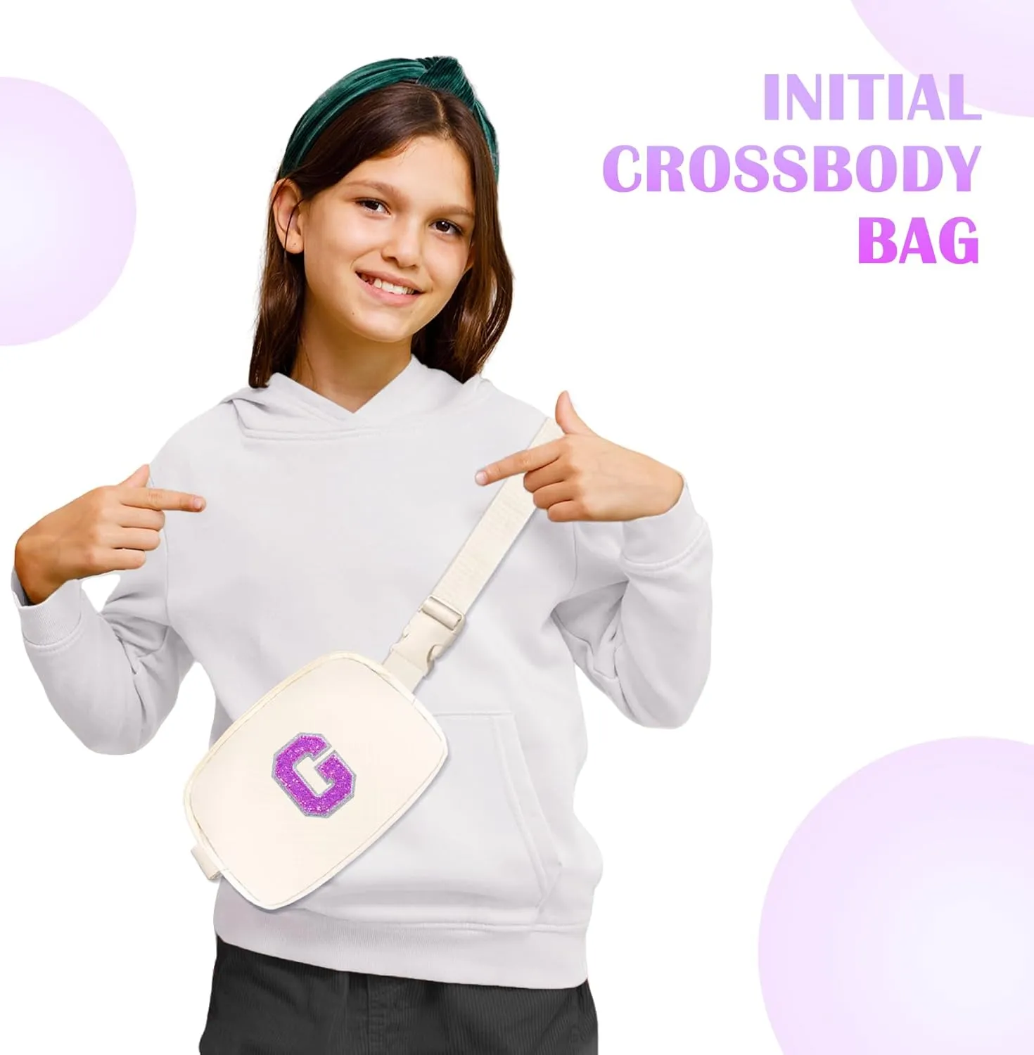 COSHAYSOO Small Waist Fanny Pack Belt Bag with Initial Letter Patch Adjustable Strap for Women Teen Girl Running Shopping Jogging, Mini Cross body Travel Purse Hands Free Fashionable Pouch Ivory (G)