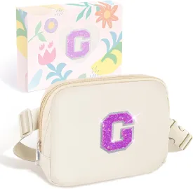 COSHAYSOO Small Waist Fanny Pack Belt Bag with Initial Letter Patch Adjustable Strap for Women Teen Girl Running Shopping Jogging, Mini Cross body Travel Purse Hands Free Fashionable Pouch Ivory (G)