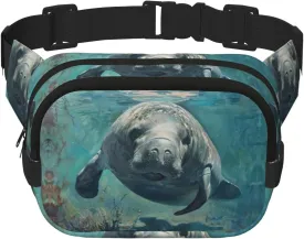 Crazy Save Manatee Print Square Double Layer bag Waist Bag Trendy Pack Travel Bag with Adjustable Bel