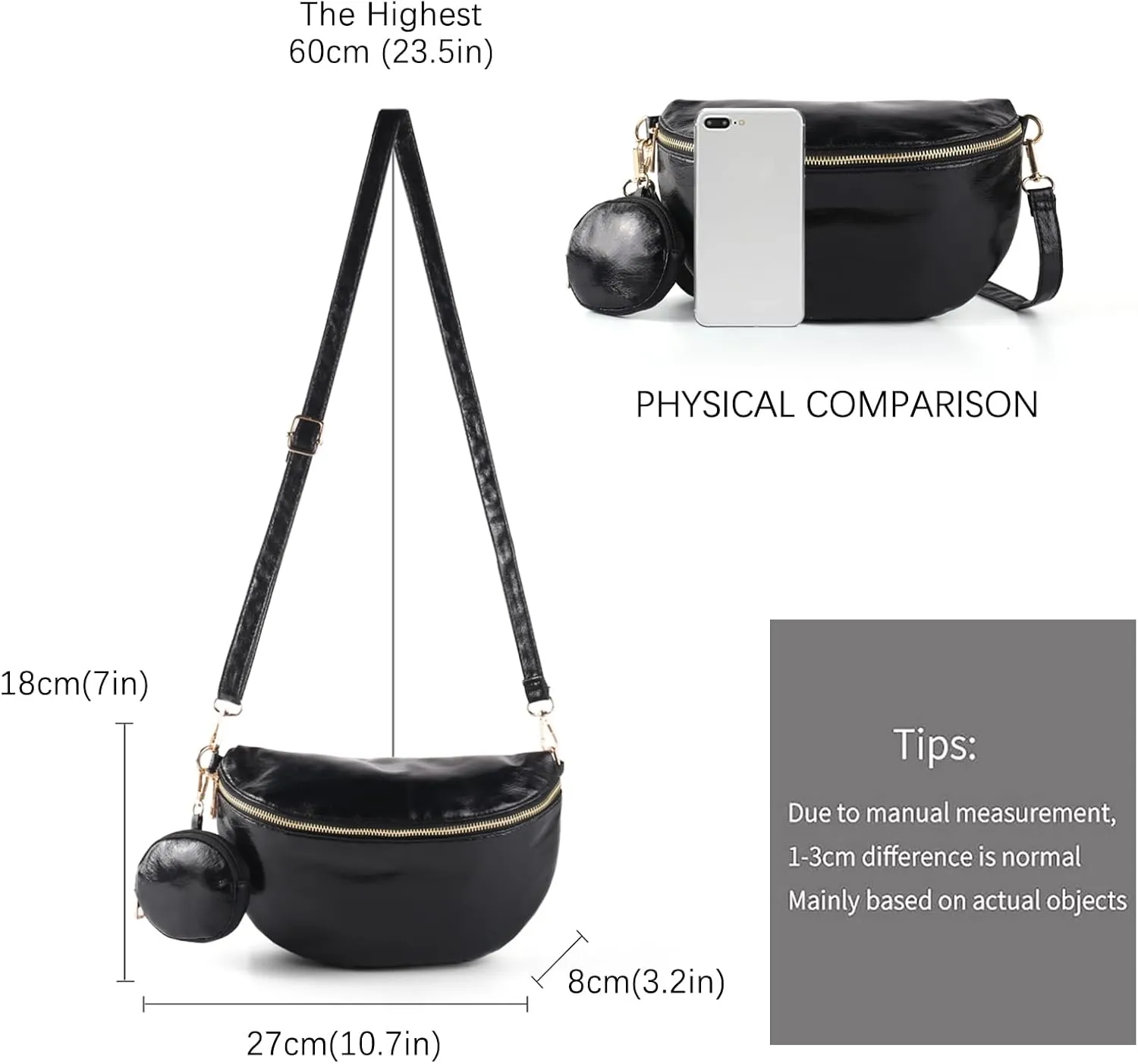Crossbody Bags for Women Fashion Sling Purse Shoulder Bag Fanny Pack Leather Causal Chest Bum Bag Cross Body Purse (Black)