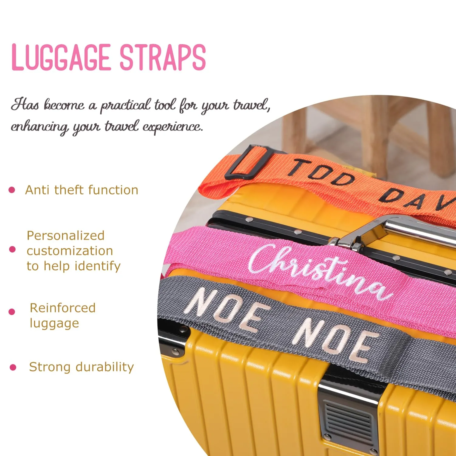 Custom Luggage Straps for Safe Travel - Personalized Embroidered Suitcase Belts, Unique Presents for Frequent Flyers, Business Travelers, and Vacationers - 11 Colors, Adjustable 97cm-180cm (Red)