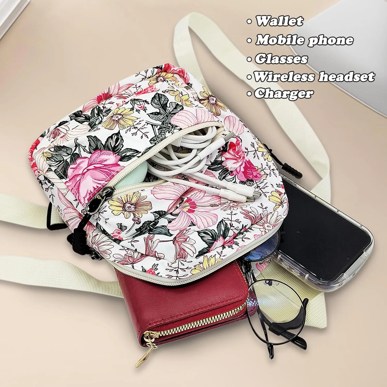 Cute Nylon Lightweight Backpack, Small Mini Purse for Women With Zipper (Flower)