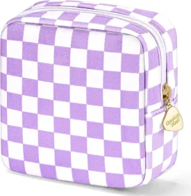 Desing Wish 5.1'' x 5.1'' Small Makeup Bag for Purse Flocked Material Mini Travel Makeup Bag with Two Inner Pockets Portable Cute Cosmetic Bags for Women (Purple-White Checker)