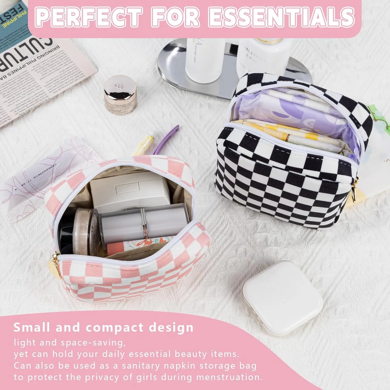 Desing Wish 5.1'' x 5.1'' Small Makeup Bag for Purse Flocked Material Mini Travel Makeup Bag with Two Inner Pockets Portable Cute Cosmetic Bags for Women (Purple-White Checker)