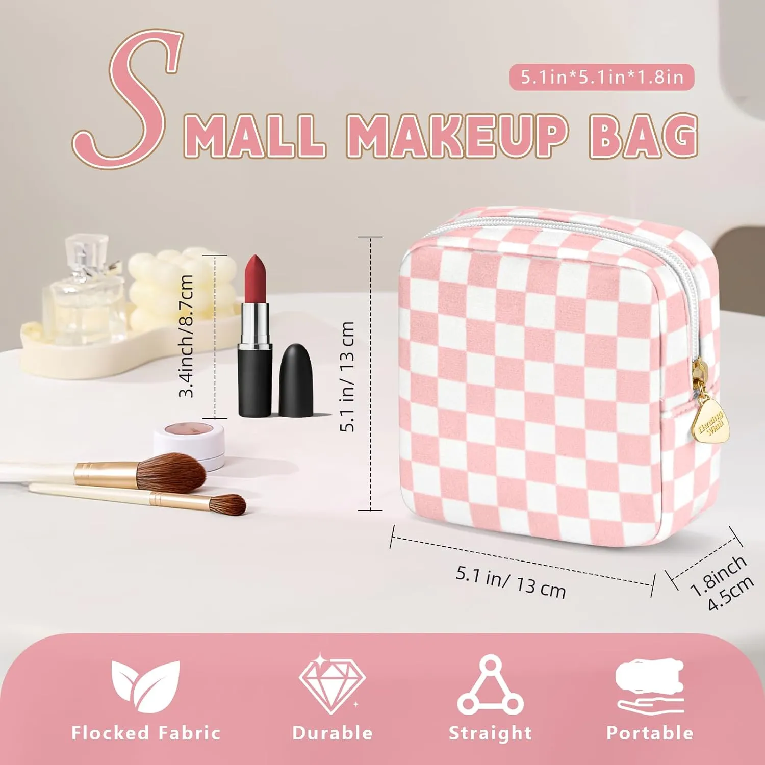 Desing Wish 5.1'' x 5.1'' Small Makeup Bag for Purse Flocked Material Mini Travel Makeup Bag with Two Inner Pockets Portable Cute Cosmetic Bags for Women (Purple-White Checker)