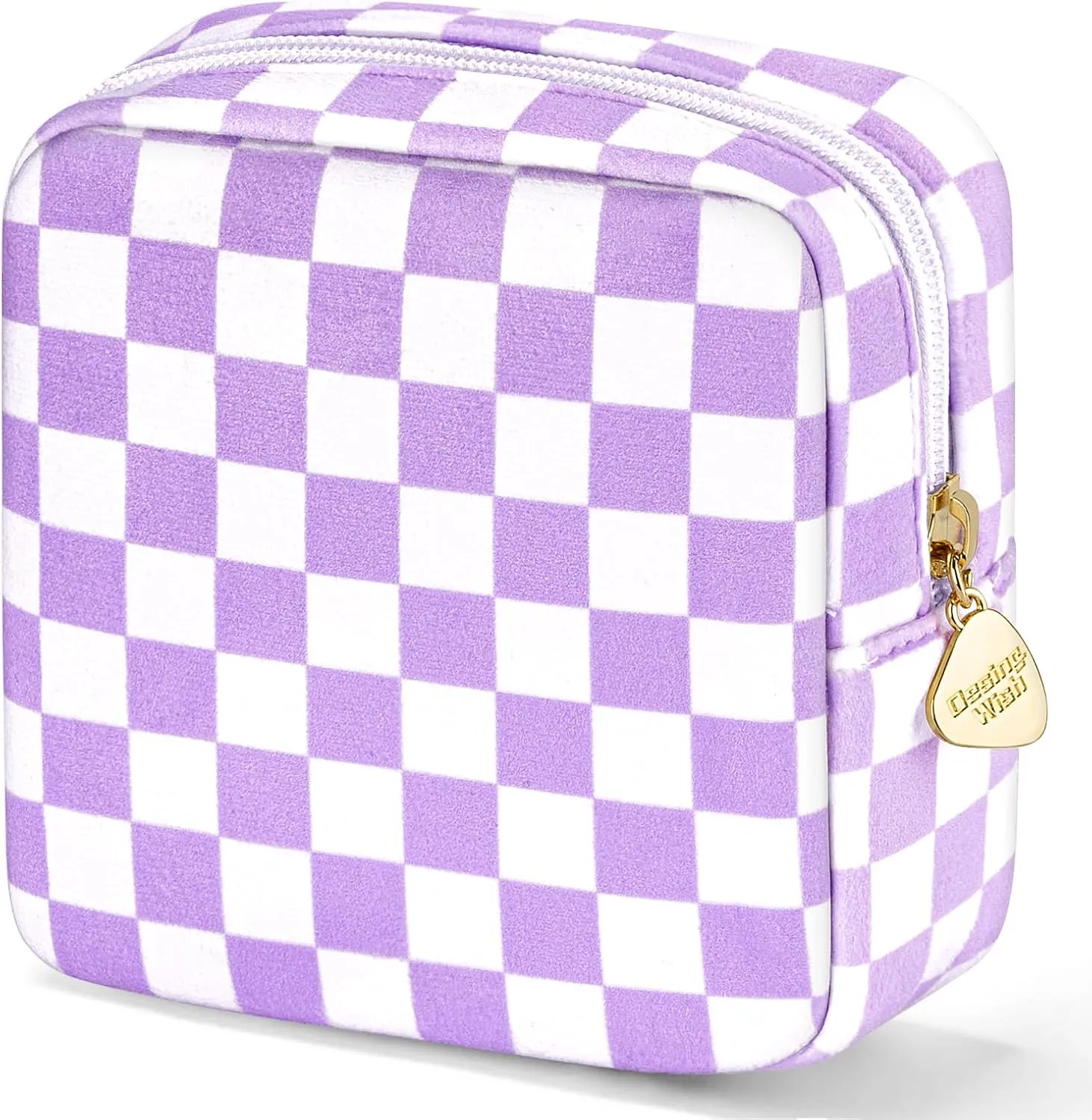 Desing Wish 5.1'' x 5.1'' Small Makeup Bag for Purse Flocked Material Mini Travel Makeup Bag with Two Inner Pockets Portable Cute Cosmetic Bags for Women (Purple-White Checker)
