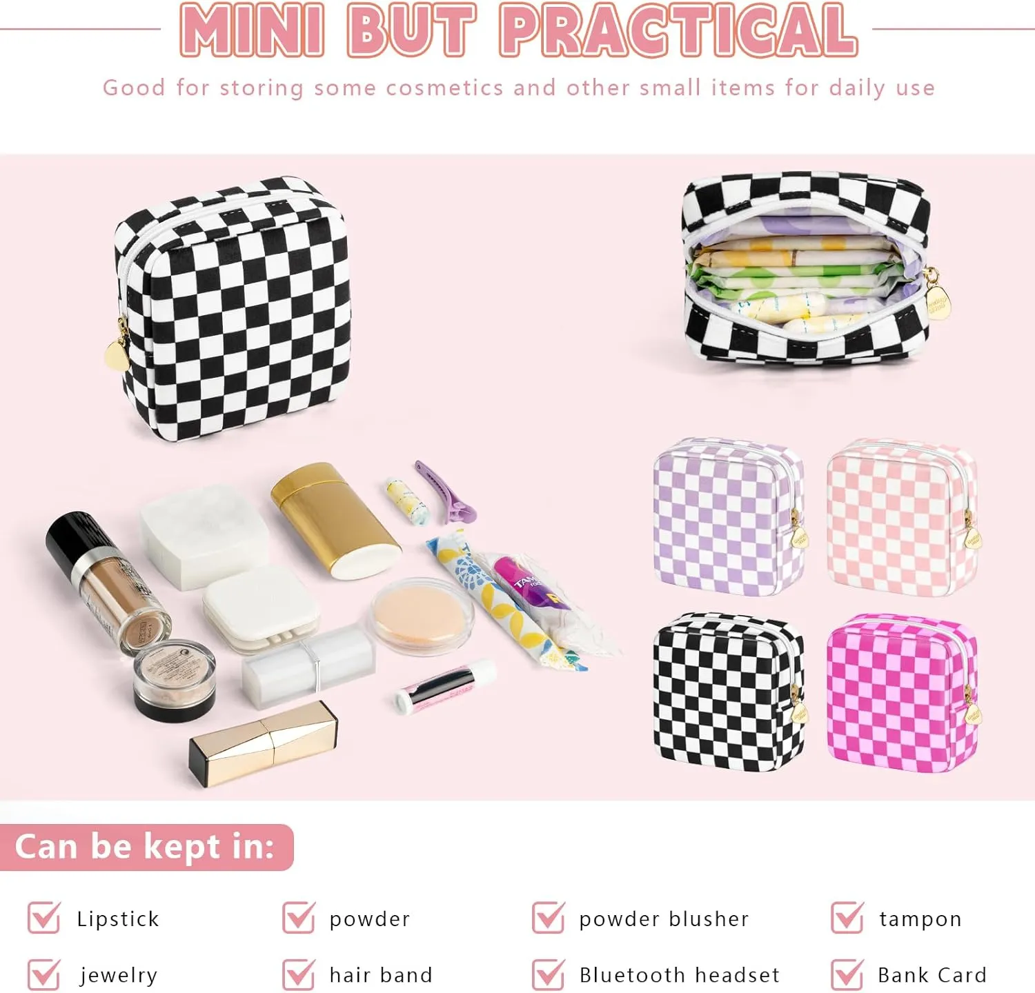 Desing Wish 5.1'' x 5.1'' Small Makeup Bag for Purse Flocked Material Mini Travel Makeup Bag with Two Inner Pockets Portable Cute Cosmetic Bags for Women (Purple-White Checker)