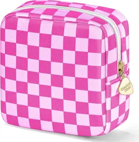 Desing Wish 5.1'' x 5.1'' Small Makeup Bag for Purse Flocked Material Mini Travel Makeup Bag with Two Inner Pockets Portable Cute Cosmetic Bags for Women (Rose-Pink Checker)