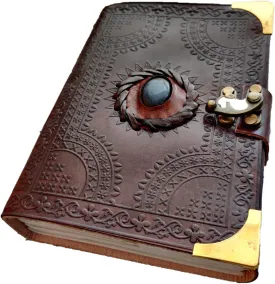 Embossed Leather Blue Stone 120 Page Unlined Journal with Clasp (Brown&Golden Corner)