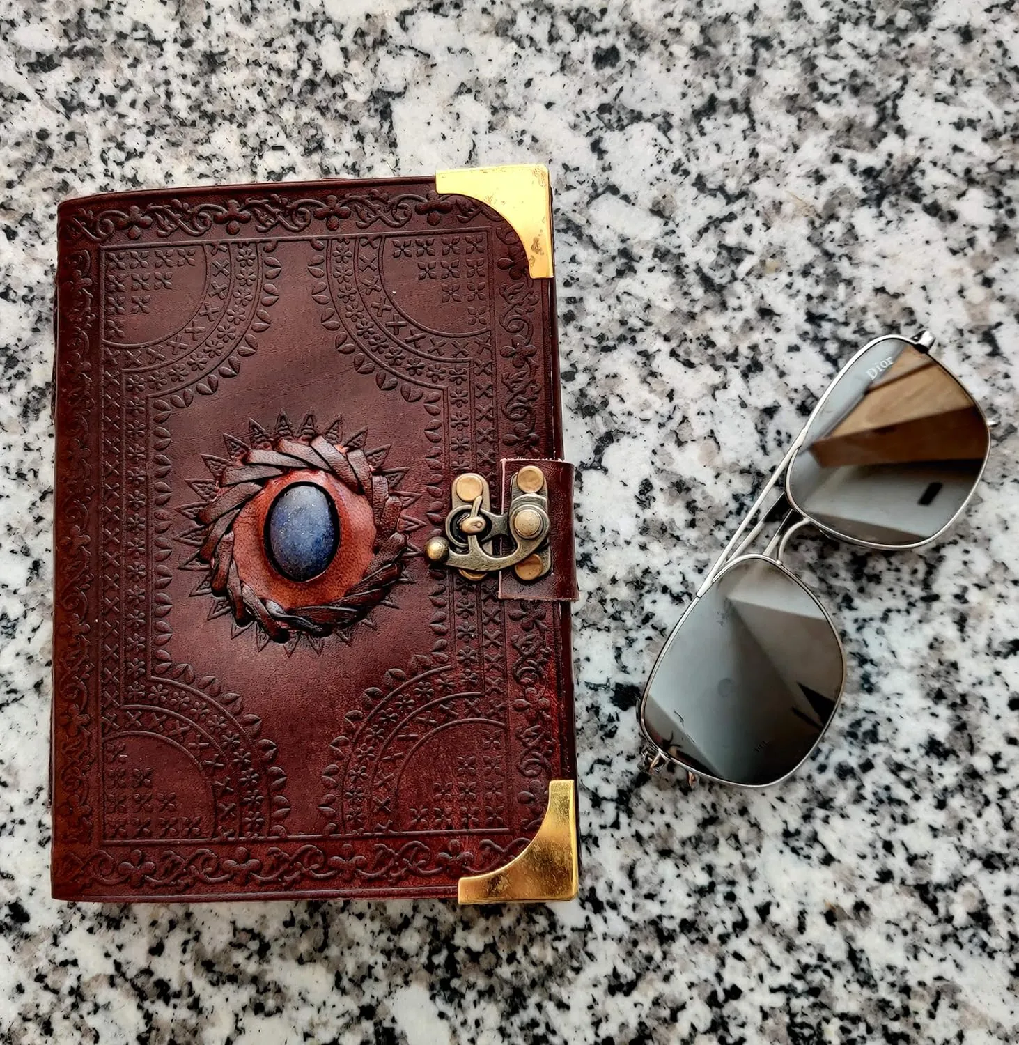 Embossed Leather Blue Stone 120 Page Unlined Journal with Clasp (Brown&Golden Corner)
