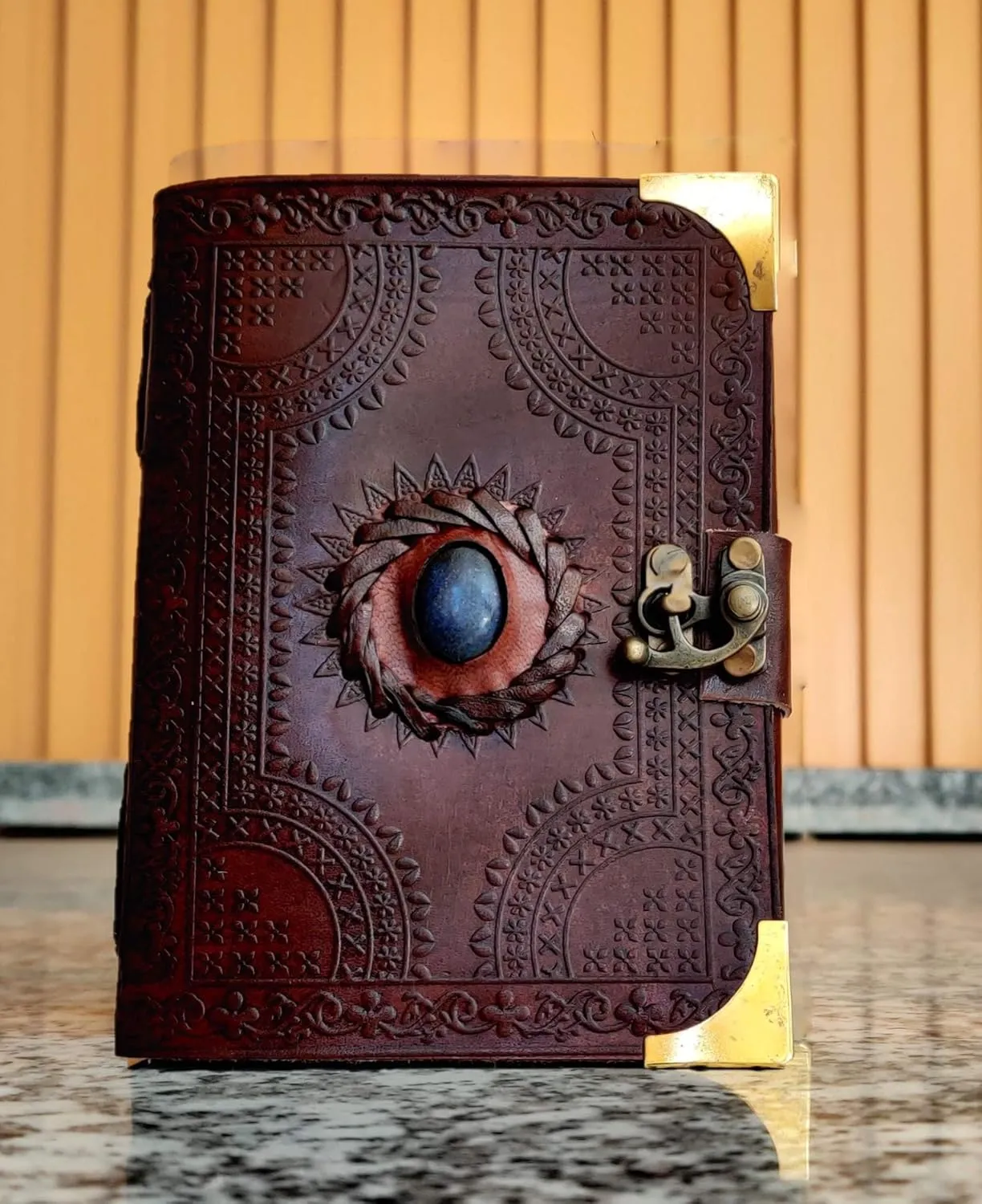 Embossed Leather Blue Stone 120 Page Unlined Journal with Clasp (Brown&Golden Corner)