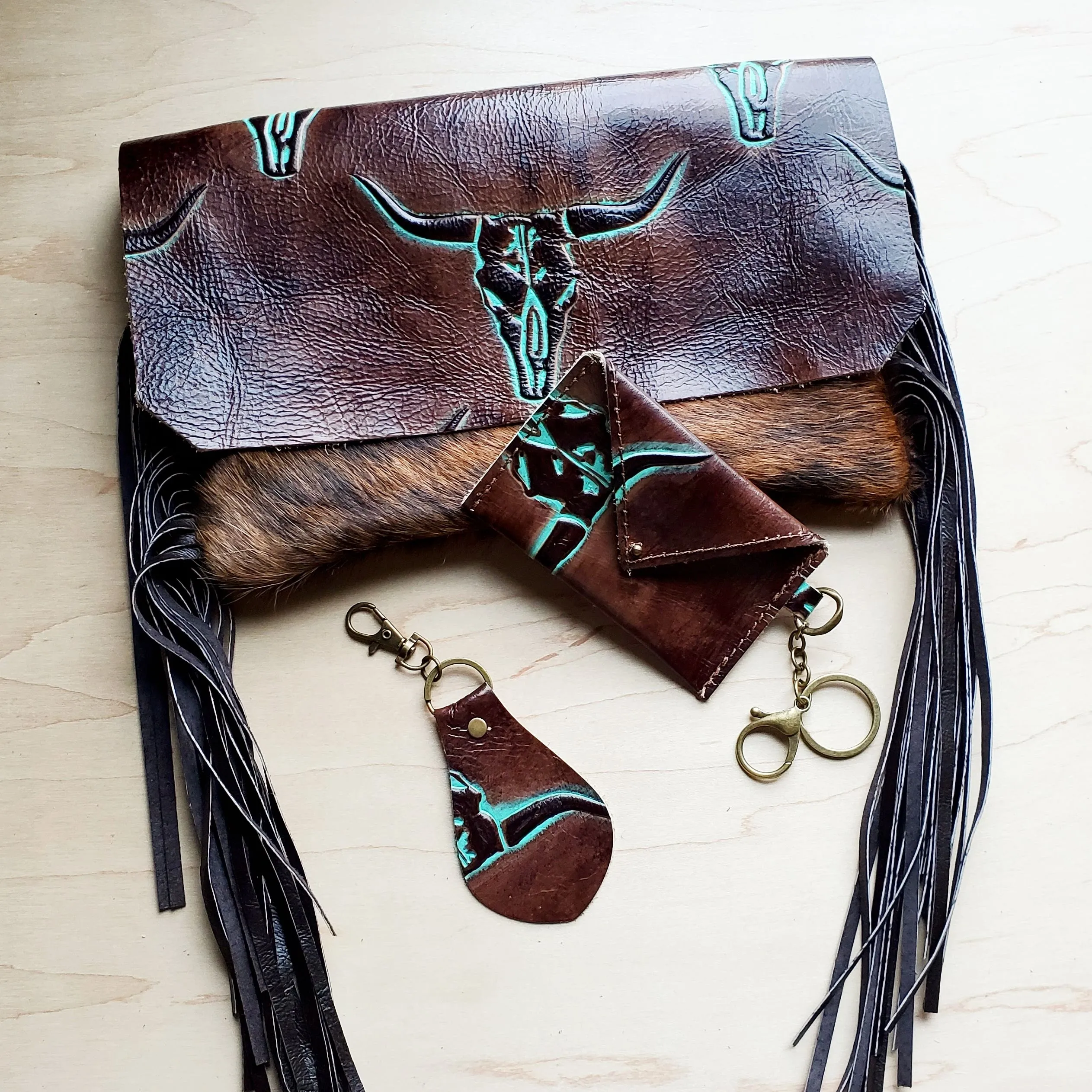 **Embossed Leather Key Chain - Turquoise Steer Head 700f