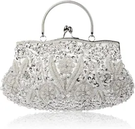 Floral Designer Evening Bag Beaded Sequin Design Vintage Kissing Lock Satin Clutch Purse Bag Wedding Party Clutch