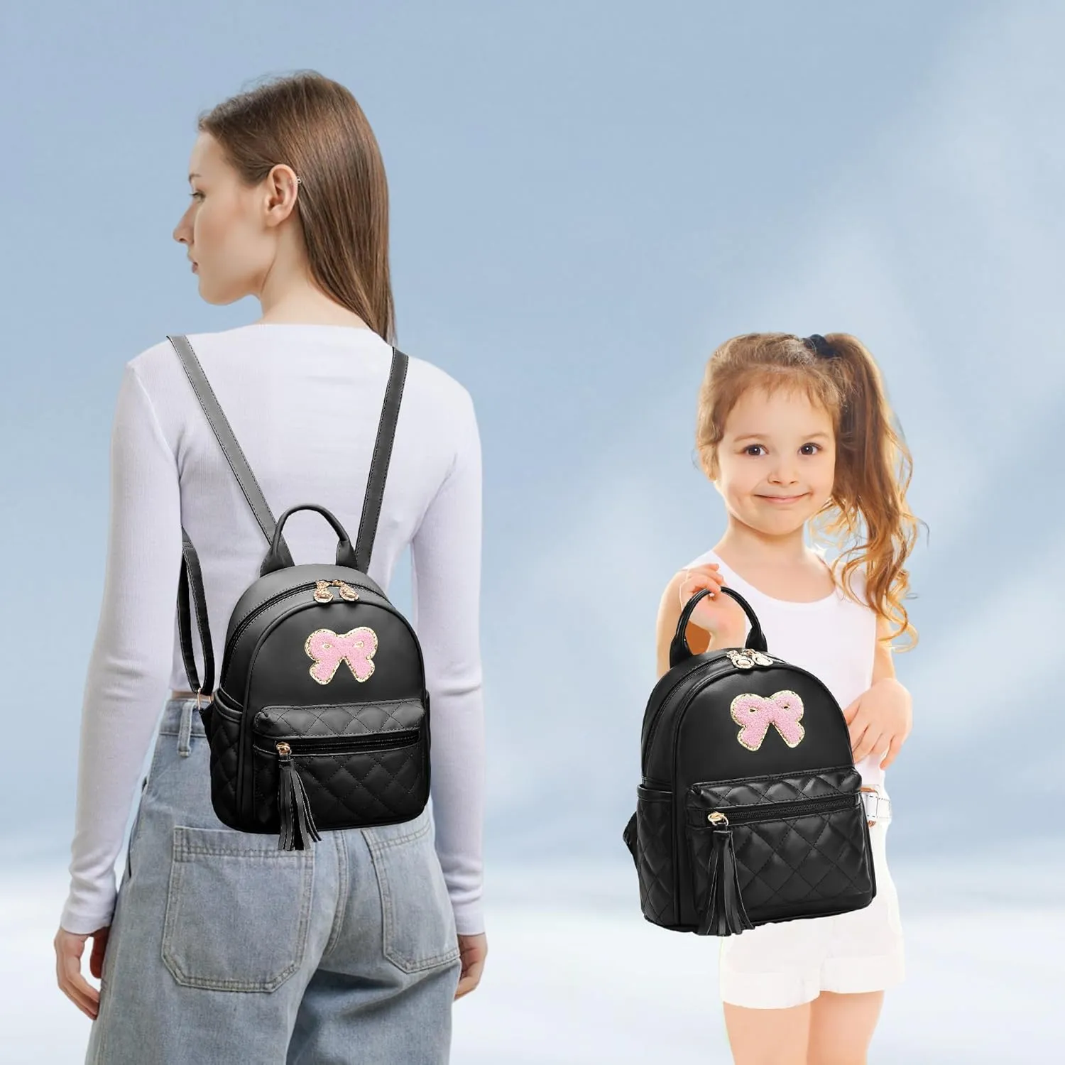 I IHAYNER Girls Bowknot Cute Leather Backpack Mini Backpack Purse for Women Small Bookbag Travel Daypacks with Charm Tassel Black