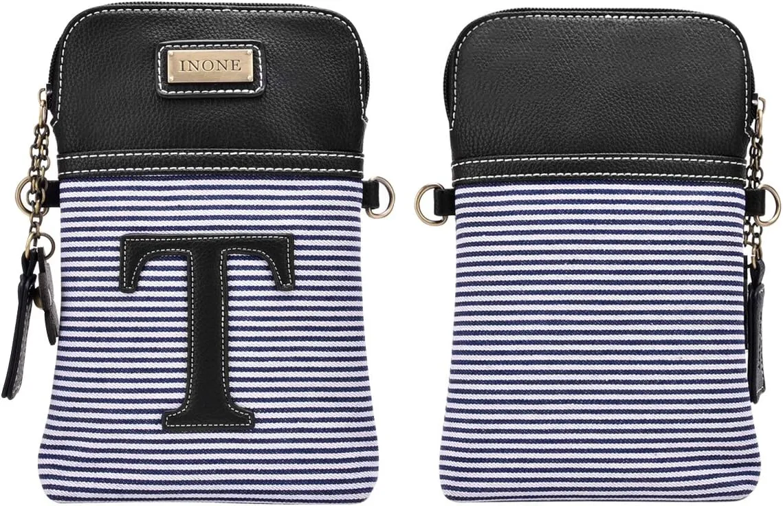 inOne Crossbody Bag Cell Phone Purse - Women PU Leather Handbag with Black White Stripe Canvas - Monogram