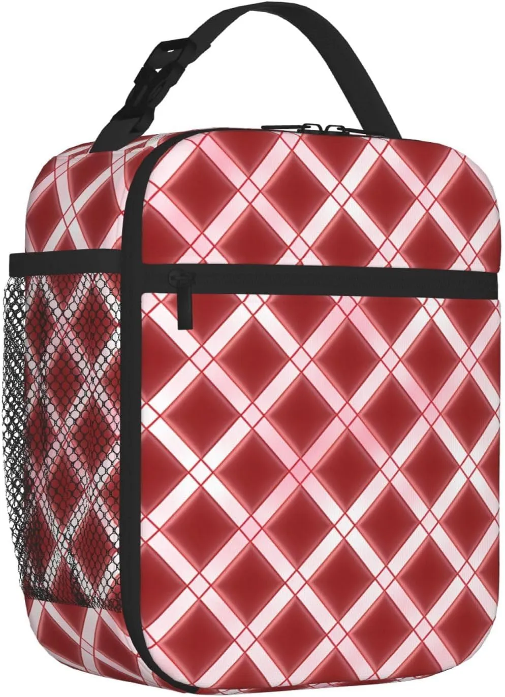 Insulated Lunch Bag for Women Men Portable Reusable Lunch Box Lattice Grid Pink Romance Lunch Tote Bag for Work Picnic Travel