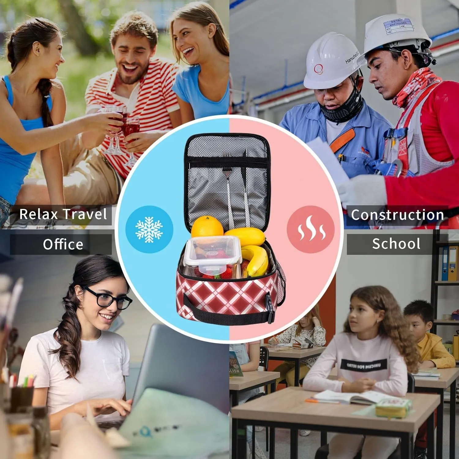Insulated Lunch Bag for Women Men Portable Reusable Lunch Box Lattice Grid Pink Romance Lunch Tote Bag for Work Picnic Travel