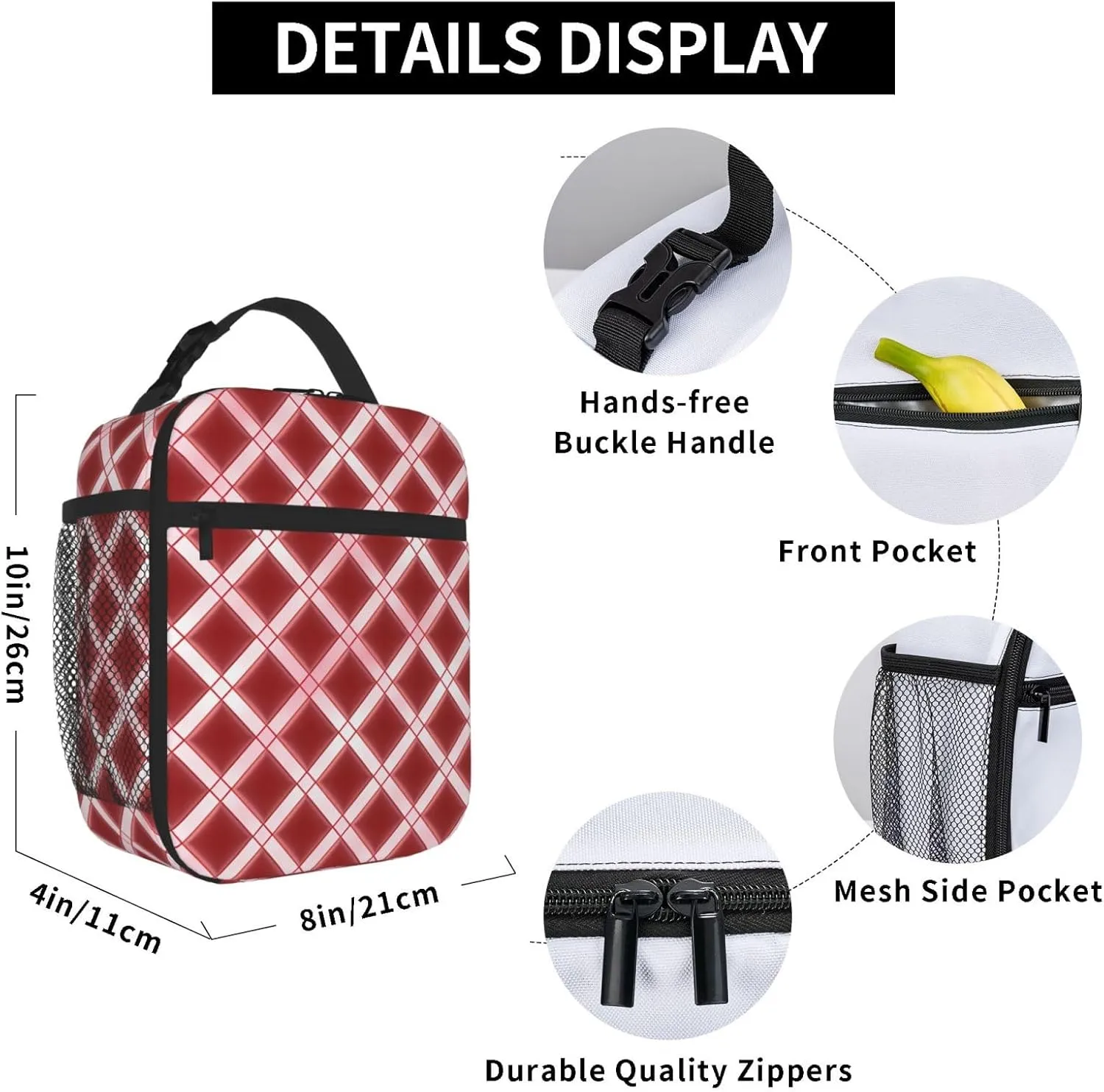 Insulated Lunch Bag for Women Men Portable Reusable Lunch Box Lattice Grid Pink Romance Lunch Tote Bag for Work Picnic Travel