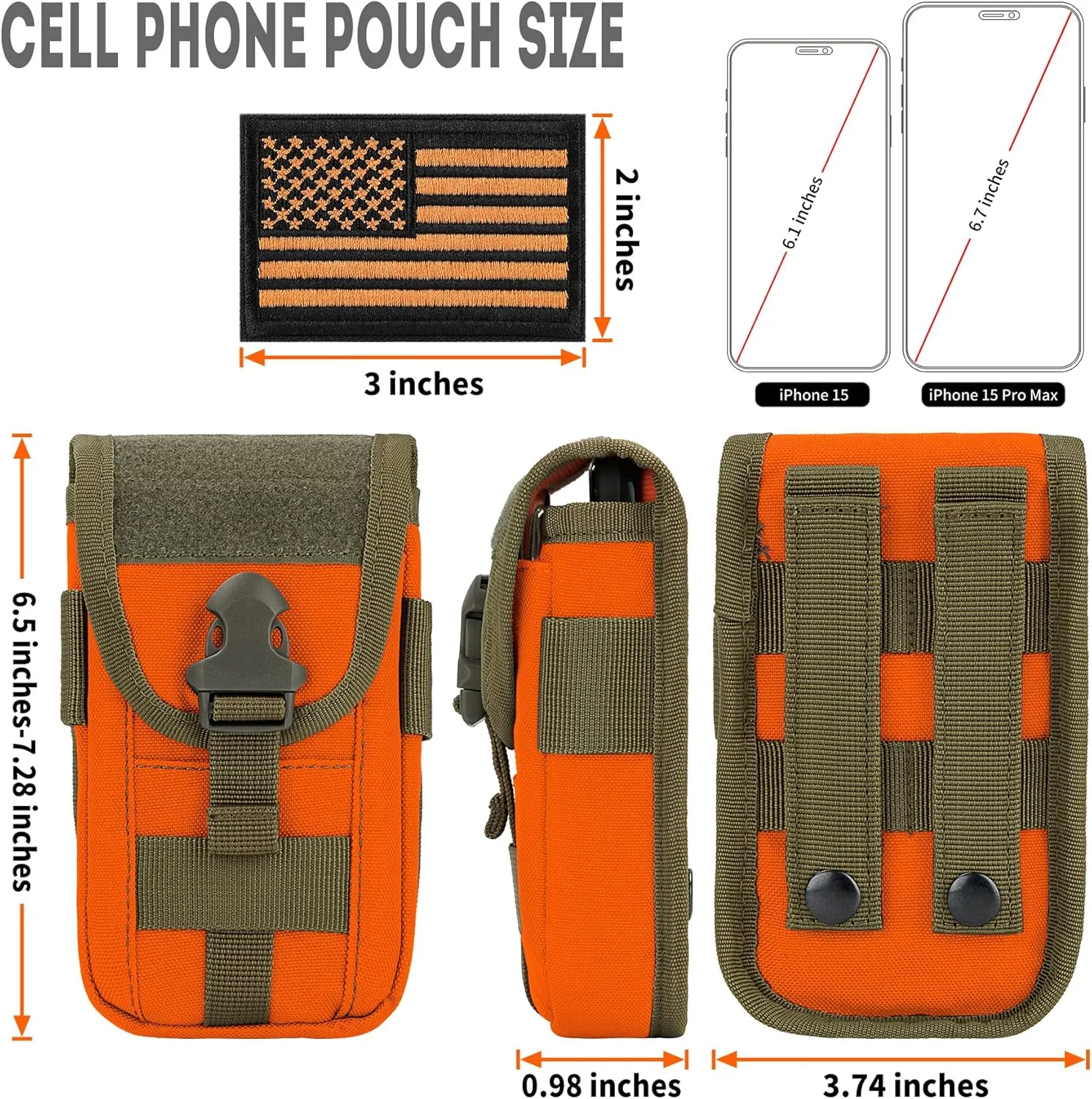 IronSeals Tactical Phone Holster Pouch, Tactical Smartphone Pouches Cellphone Case Molle Gadget Bag Molle Attachment Belt Holder Waist Bag for 4.7"-6.9" with US Flag Patch for iPhone 16 Pro/15 Pro