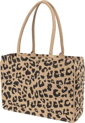 KAF Home Jute Market Tote Bag, Leopard Print, Durable Handle, Reinforced Bottom and Interior Zipper Pocket