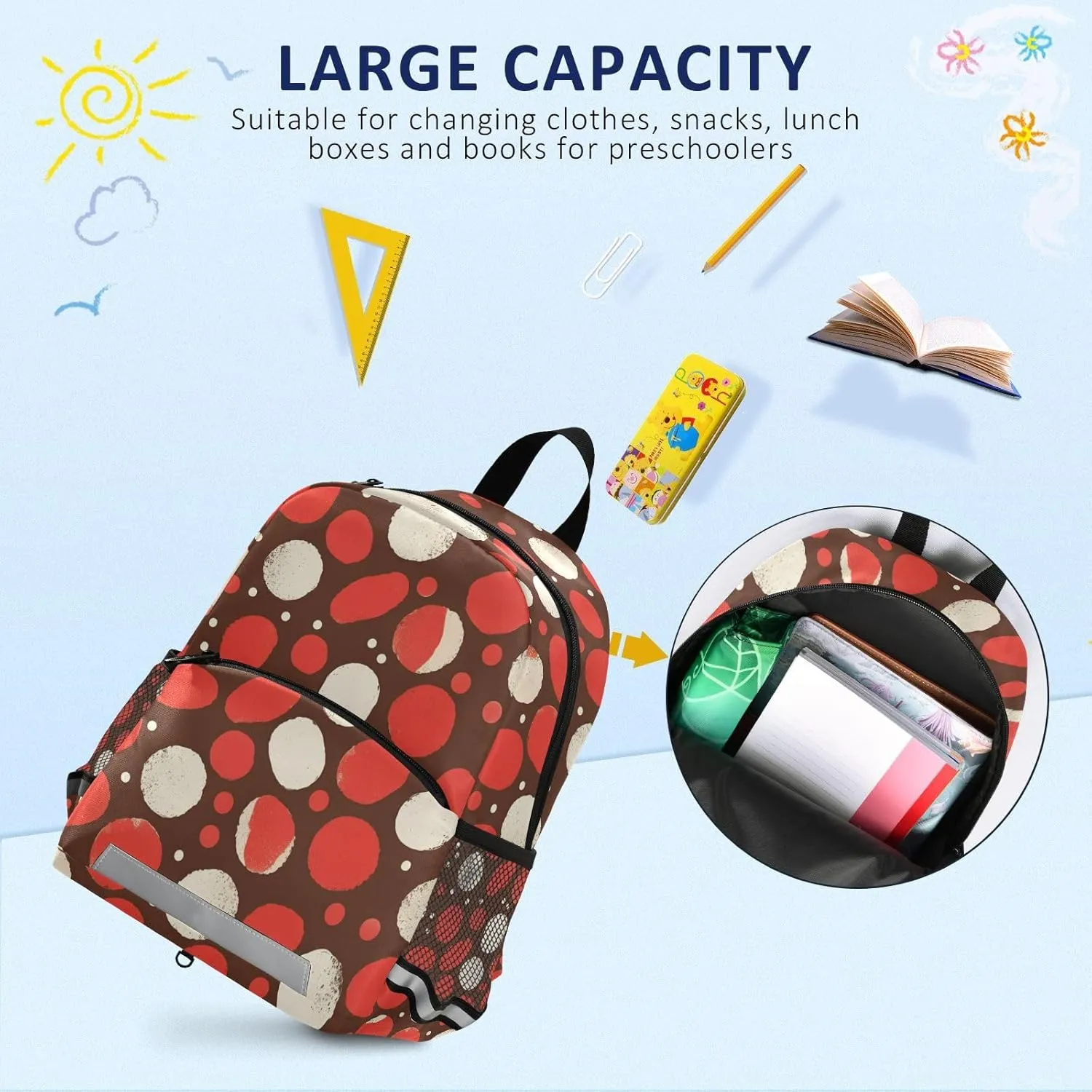 Kids Backpack, White Polka Dot Red Background Chestnut, Waterproof Bookbags for School Mini Travel