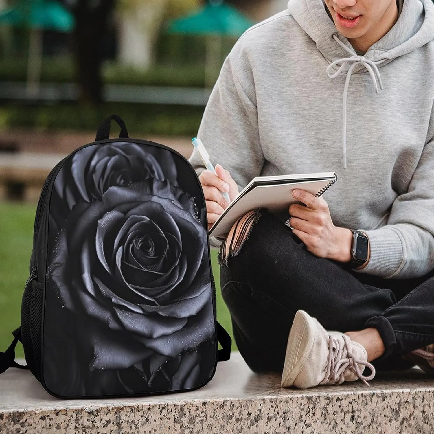 Laptop Backpack Casual Daypack Waterproof Black Rose Computer Bag Business Work Bag for Travel