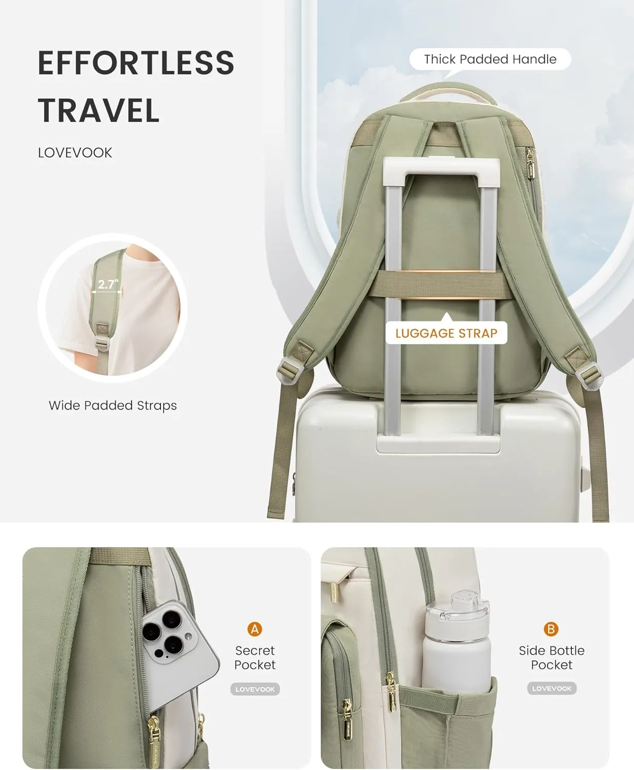 LOVEVOOK School Backpack for Teen Girls, Cute Student Backpack Purse Kid Bookbag for 14-16 Teenage, Back to School Backpacks Fit 15.6 Inch Laptop, Large College Travel Bag, Beige-Light Green