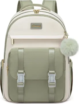 LOVEVOOK School Backpack for Teen Girls, Cute Student Backpack Purse Kid Bookbag for 14-16 Teenage, Back to School Backpacks Fit 15.6 Inch Laptop, Large College Travel Bag, Beige-Light Green
