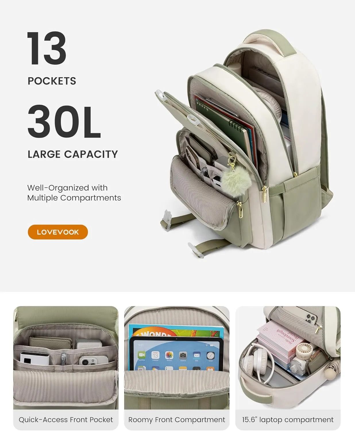 LOVEVOOK School Backpack for Teen Girls, Cute Student Backpack Purse Kid Bookbag for 14-16 Teenage, Back to School Backpacks Fit 15.6 Inch Laptop, Large College Travel Bag, Beige-Light Green