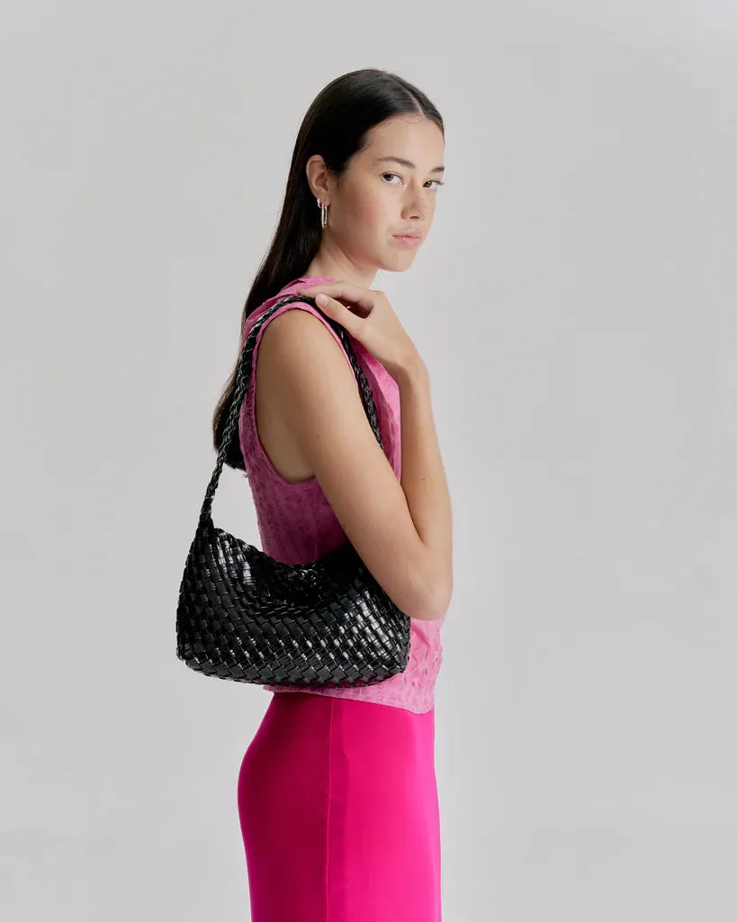 LUCA WOVEN SHOULDER BAG - BLACK GLOSSY CRINKLE