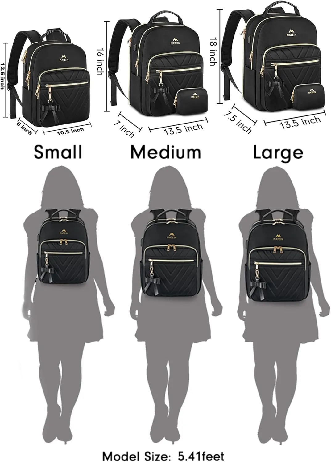 MATEIN Backpack Purse for Women, 17 inch Stylish Cute Waterproof Backpack Purse with USB Port, Waterproof Fashion Casual Daily Shoulder Bag for Work College Travel, Gifts for Ladies, 2pcs Set, Black
