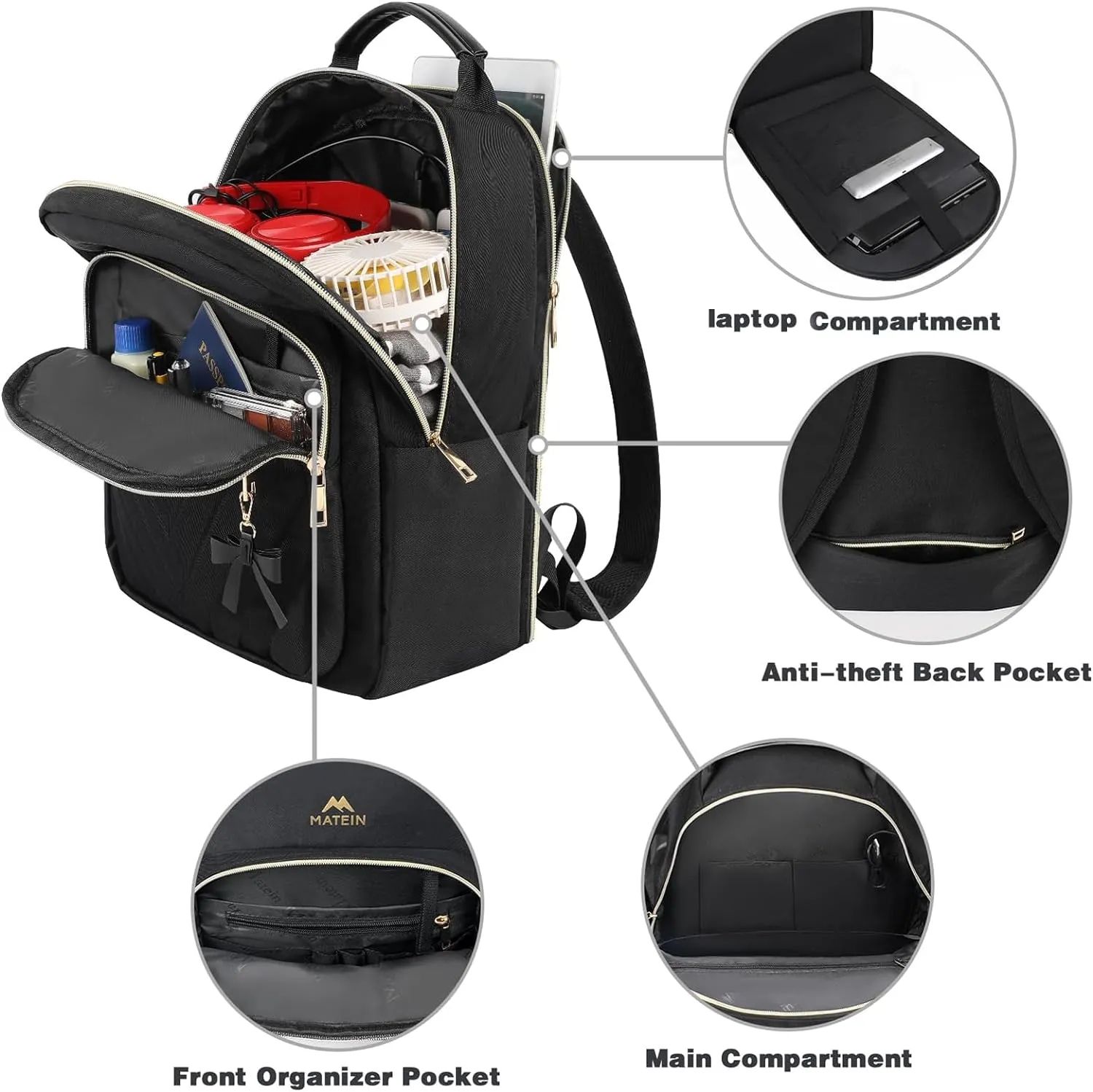 MATEIN Backpack Purse for Women, 17 inch Stylish Cute Waterproof Backpack Purse with USB Port, Waterproof Fashion Casual Daily Shoulder Bag for Work College Travel, Gifts for Ladies, 2pcs Set, Black
