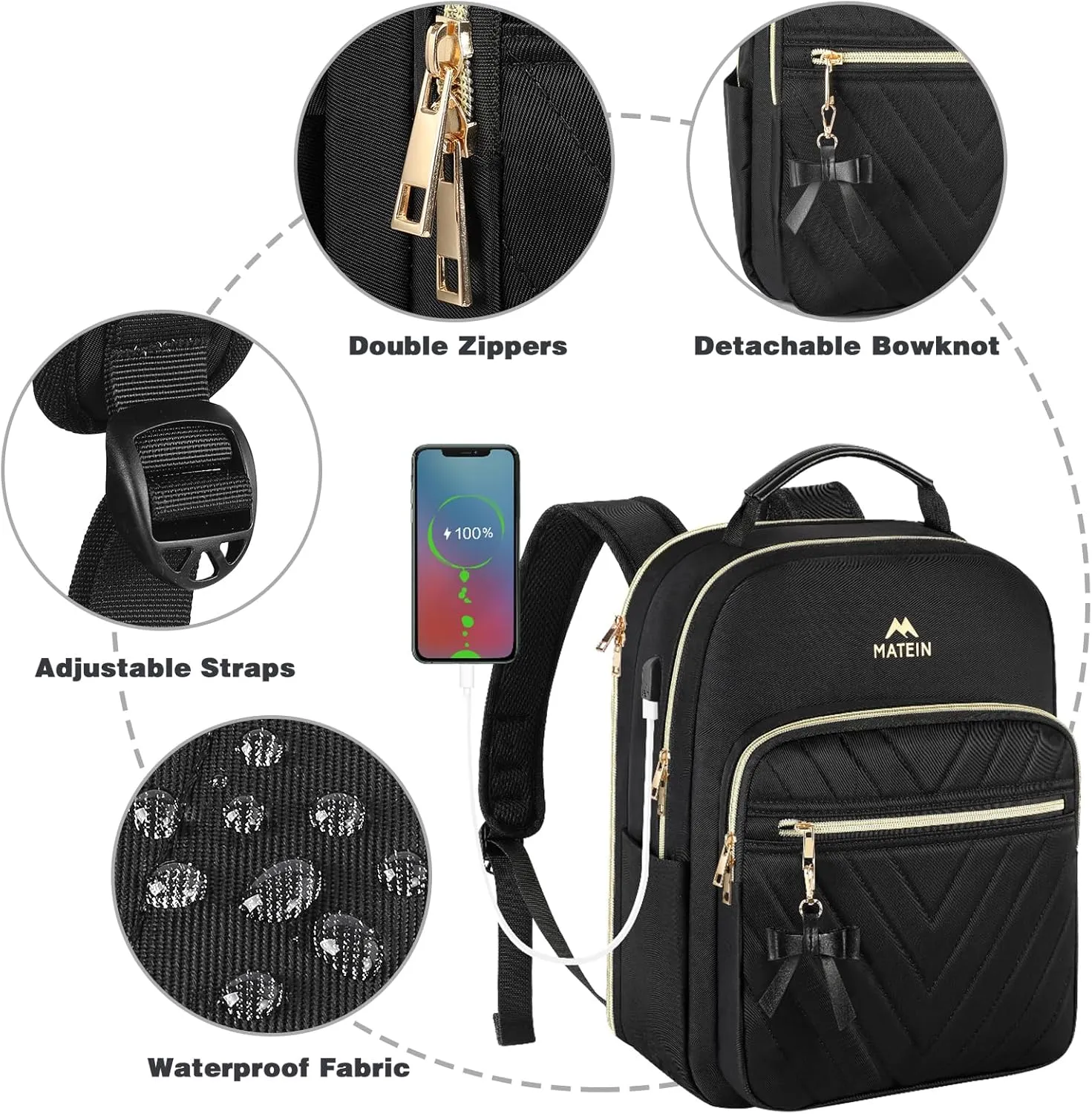 MATEIN Backpack Purse for Women, 17 inch Stylish Cute Waterproof Backpack Purse with USB Port, Waterproof Fashion Casual Daily Shoulder Bag for Work College Travel, Gifts for Ladies, 2pcs Set, Black