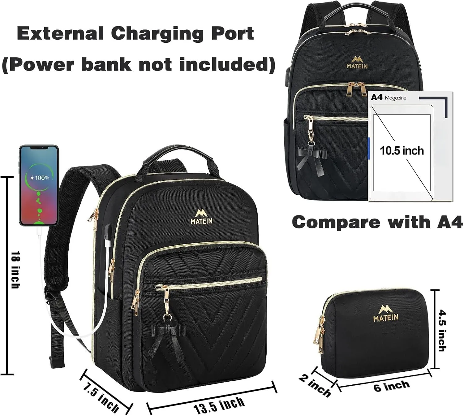 MATEIN Backpack Purse for Women, 17 inch Stylish Cute Waterproof Backpack Purse with USB Port, Waterproof Fashion Casual Daily Shoulder Bag for Work College Travel, Gifts for Ladies, 2pcs Set, Black