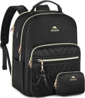 MATEIN Backpack Purse for Women, 17 inch Stylish Cute Waterproof Backpack Purse with USB Port, Waterproof Fashion Casual Daily Shoulder Bag for Work College Travel, Gifts for Ladies, 2pcs Set, Black