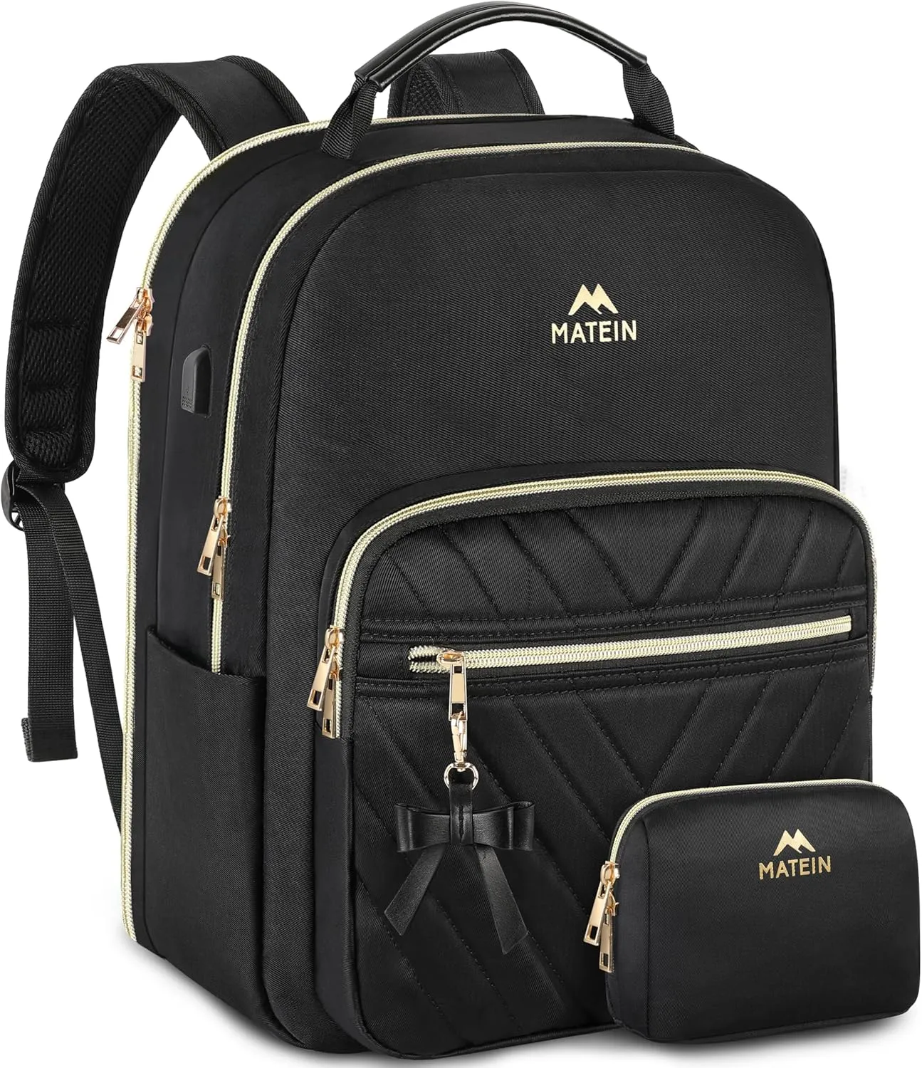 MATEIN Backpack Purse for Women, 17 inch Stylish Cute Waterproof Backpack Purse with USB Port, Waterproof Fashion Casual Daily Shoulder Bag for Work College Travel, Gifts for Ladies, 2pcs Set, Black