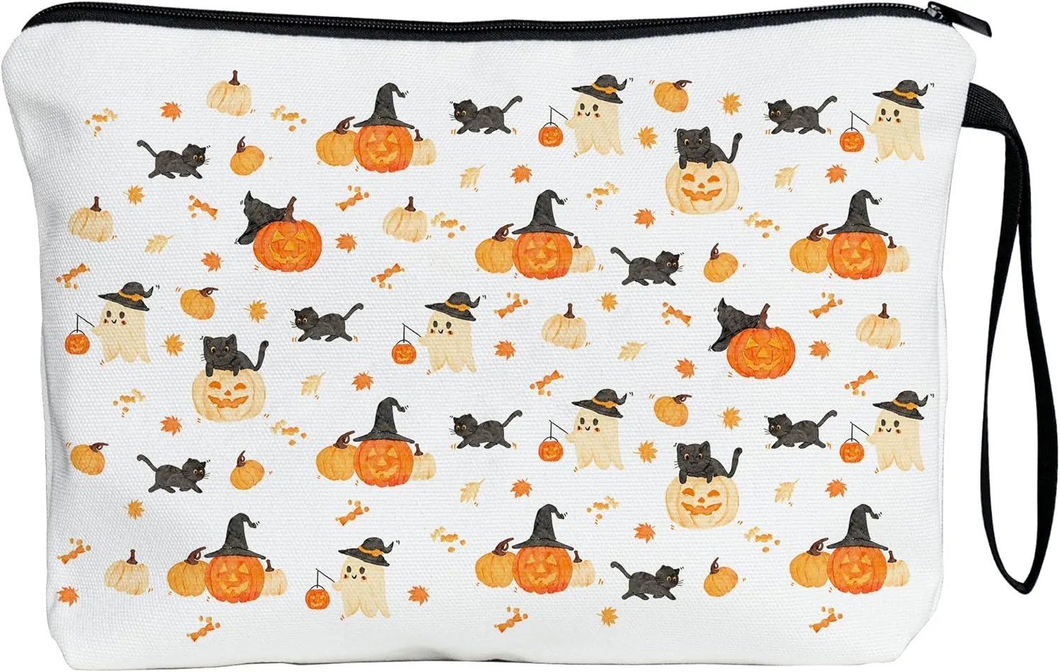 METALPHA Halloween Makeup Bag for Purse Zipper Canvas Make Up Bag Large Pencil Pouch Bag with Wrist Strap, Funny Cosmetic Bags Makeup Pouch