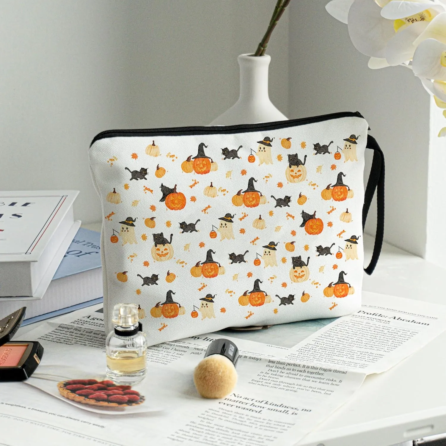 METALPHA Halloween Makeup Bag for Purse Zipper Canvas Make Up Bag Large Pencil Pouch Bag with Wrist Strap, Funny Cosmetic Bags Makeup Pouch