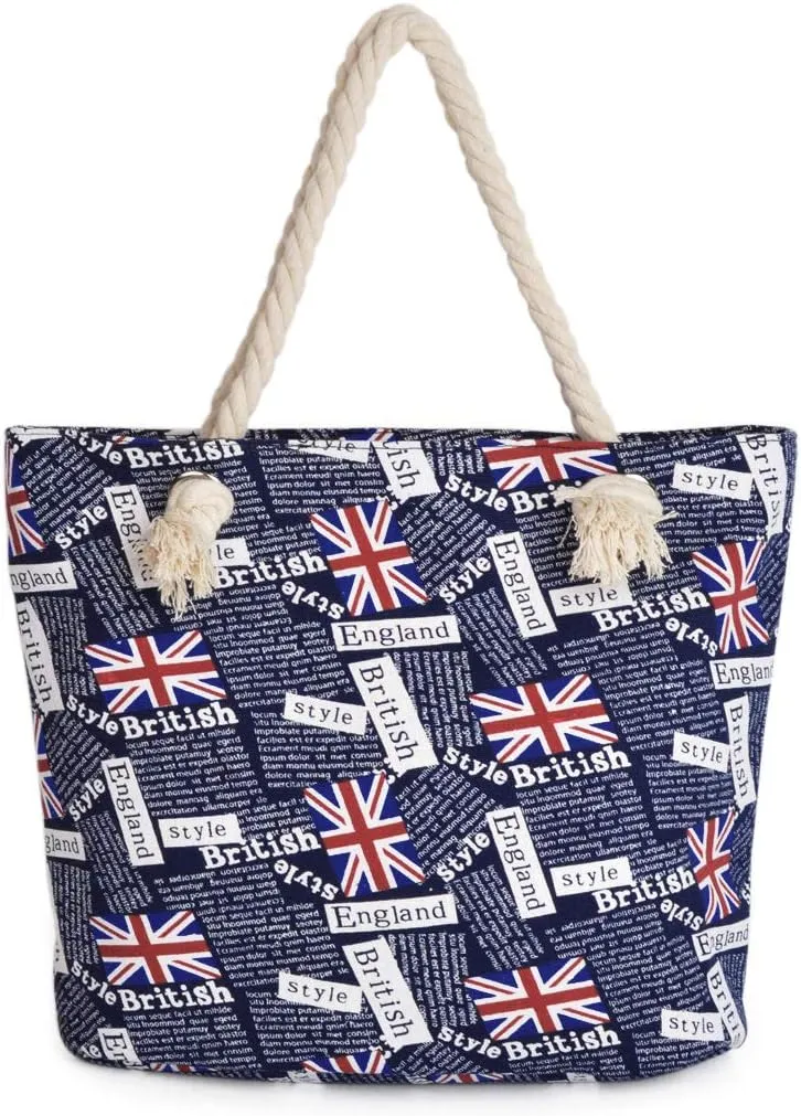 Premium Large Union Jack British Letters Print Canvas Tote Shoulder Bag Handbag